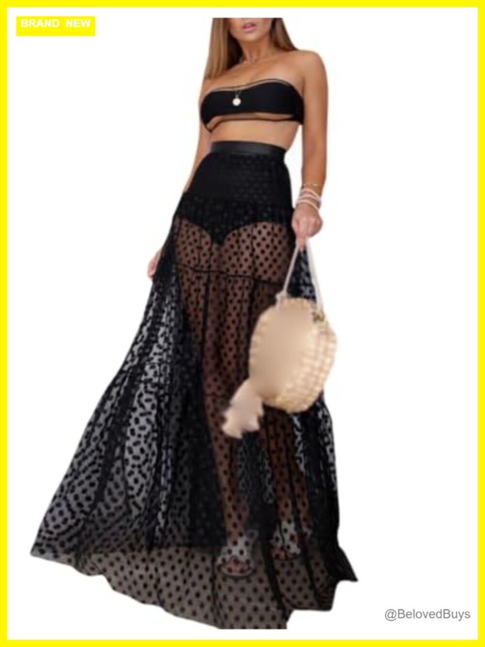 Sheer Polka Dot Mesh Cover Up Skirt Maxi Dress High Waist Tiered Beach Swimwear